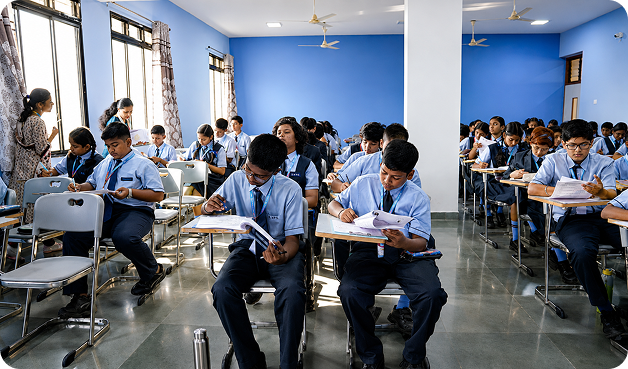 Students writing an exam in a classroom